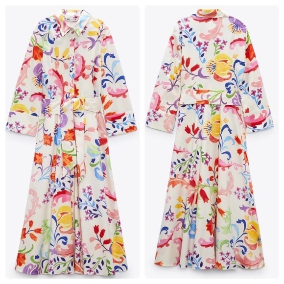 Zara white cotton poplin shirt dress colorful pattern tie waist midi size XS - Picture 2 of 7